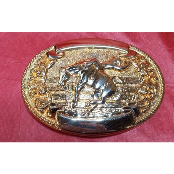 Chambers Brand Cowboy &‎ Horse Motif Gold Tone Belt Buckle - Picture 1 of 4